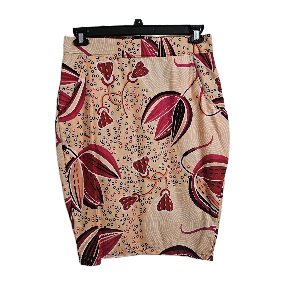 Grass-fields Pencil Skirt Girls 16 Tan Burgundy African Wax Print High Waist